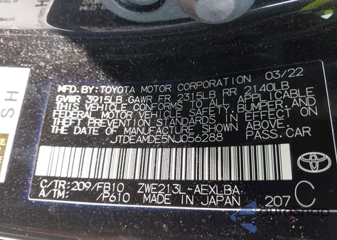 2022 Toyota Corolla Hybrid Le from USA, damaged, VIN JTDEAMDE5NJ056288
